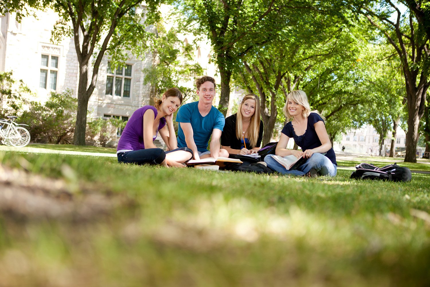 A group of students sitting on their college campus's lawn studying.