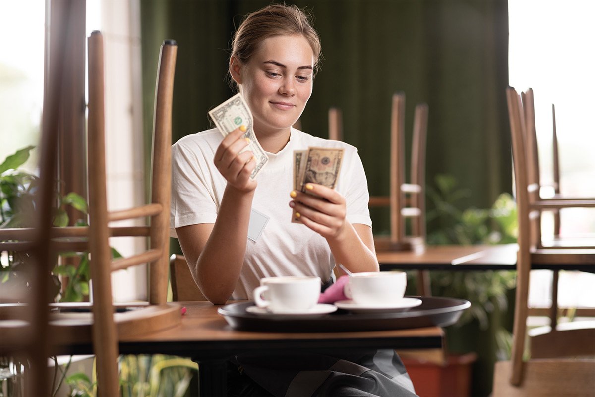 Waitress counting tips in a coffee shop after hours.