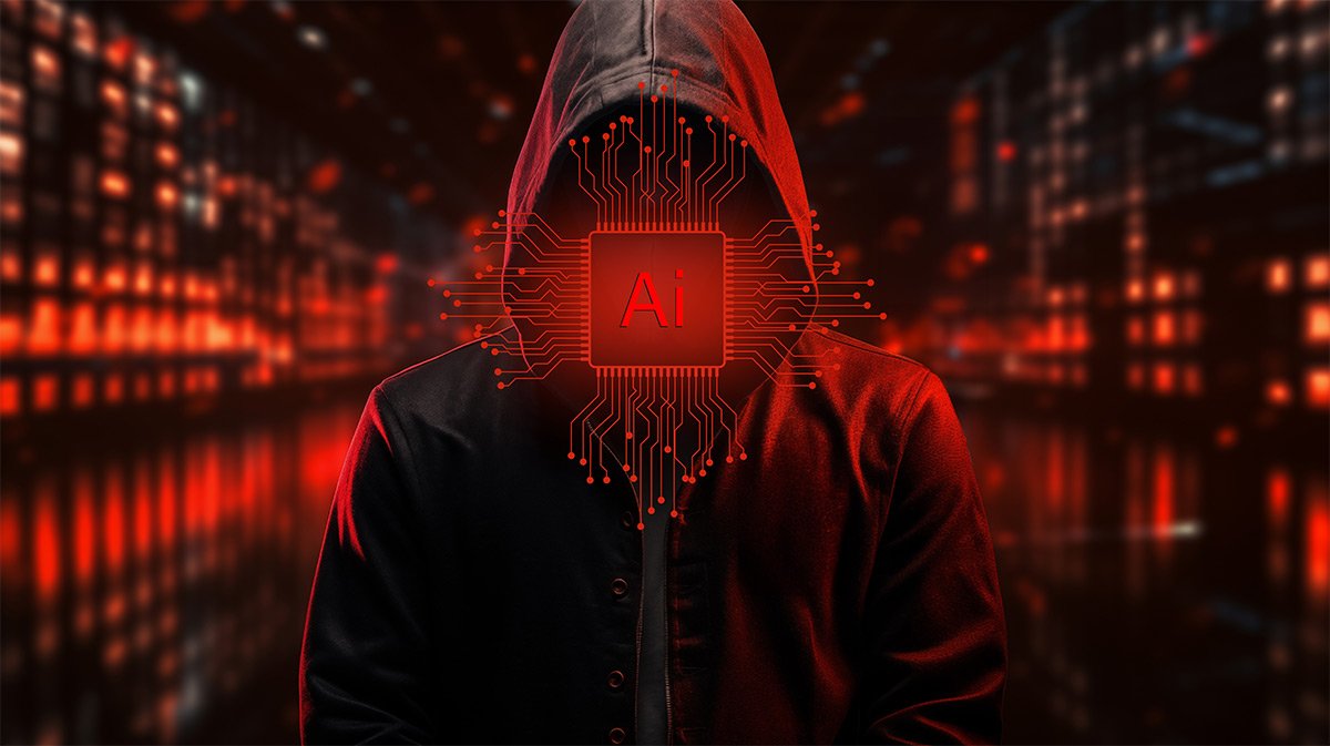 Hooded person in black with red AI graphic hiding face.