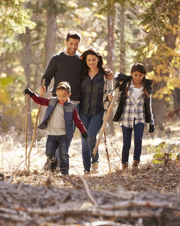 A family of four walking in the forest together.