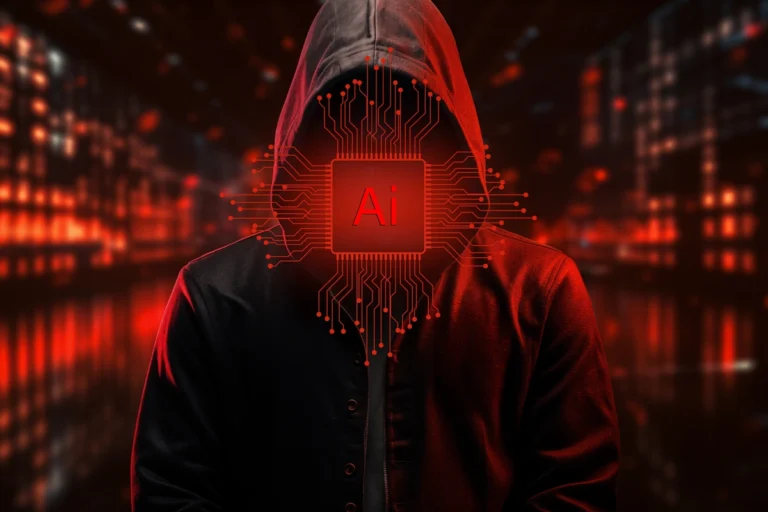 Hooded person in black with red AI graphic hiding face.