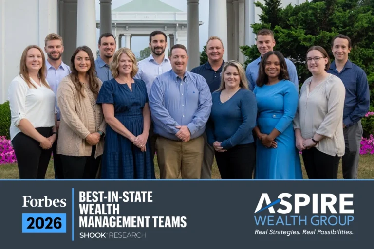 Aspire Wealth Group team photo with Forbes 2026 Best-In-State Wealth Management Team logo.