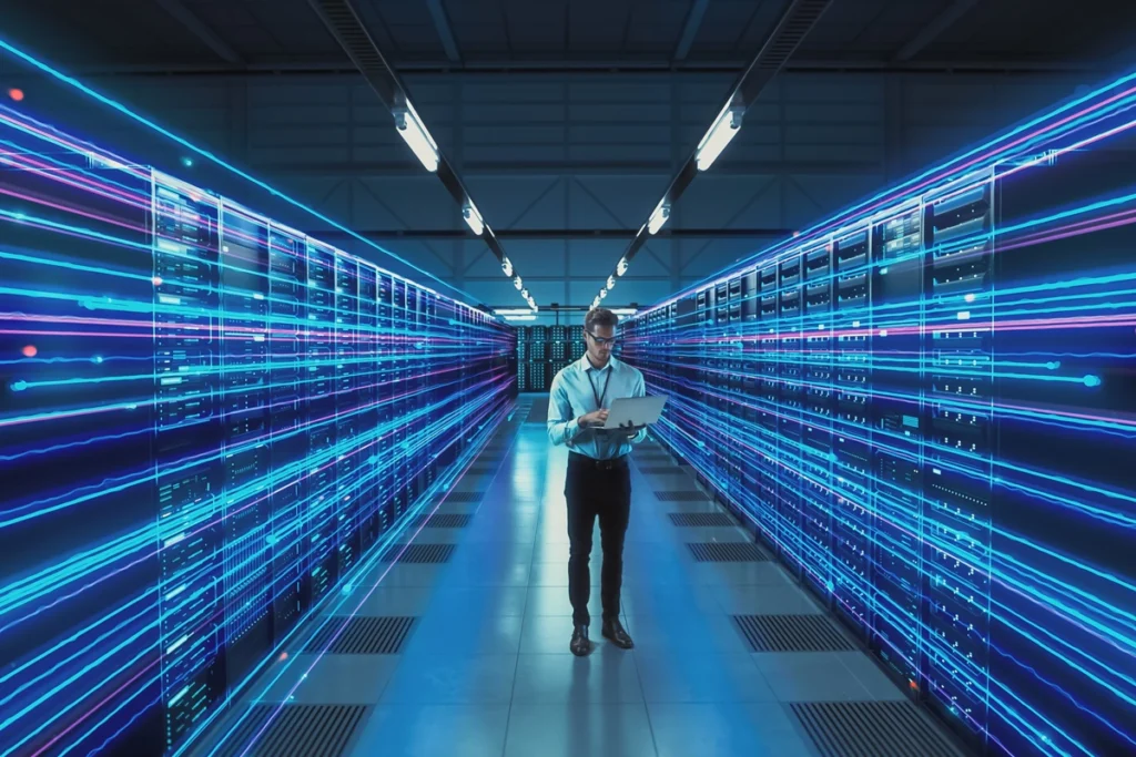 Man standing in artificial intelligence data center with laptop.