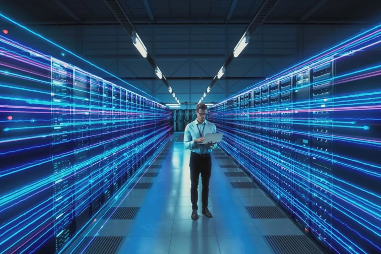 Man standing in artificial intelligence data center with laptop.