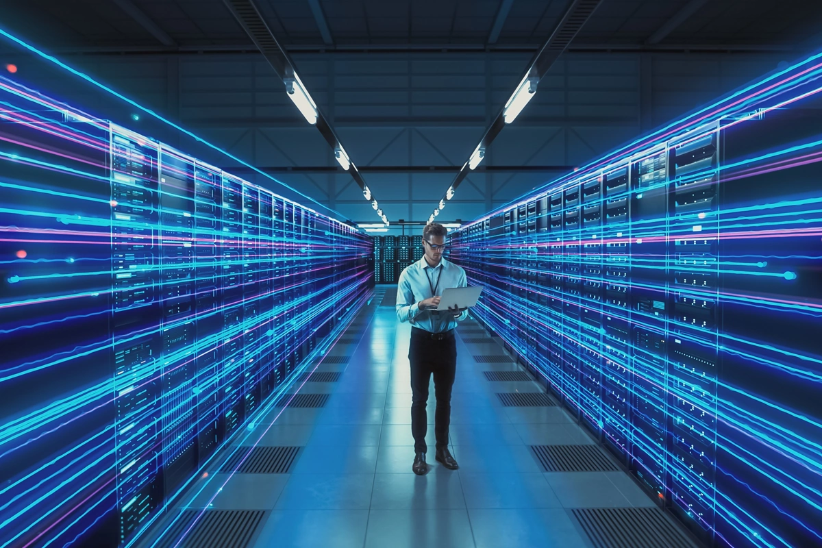 Man standing in artificial intelligence data center with laptop.