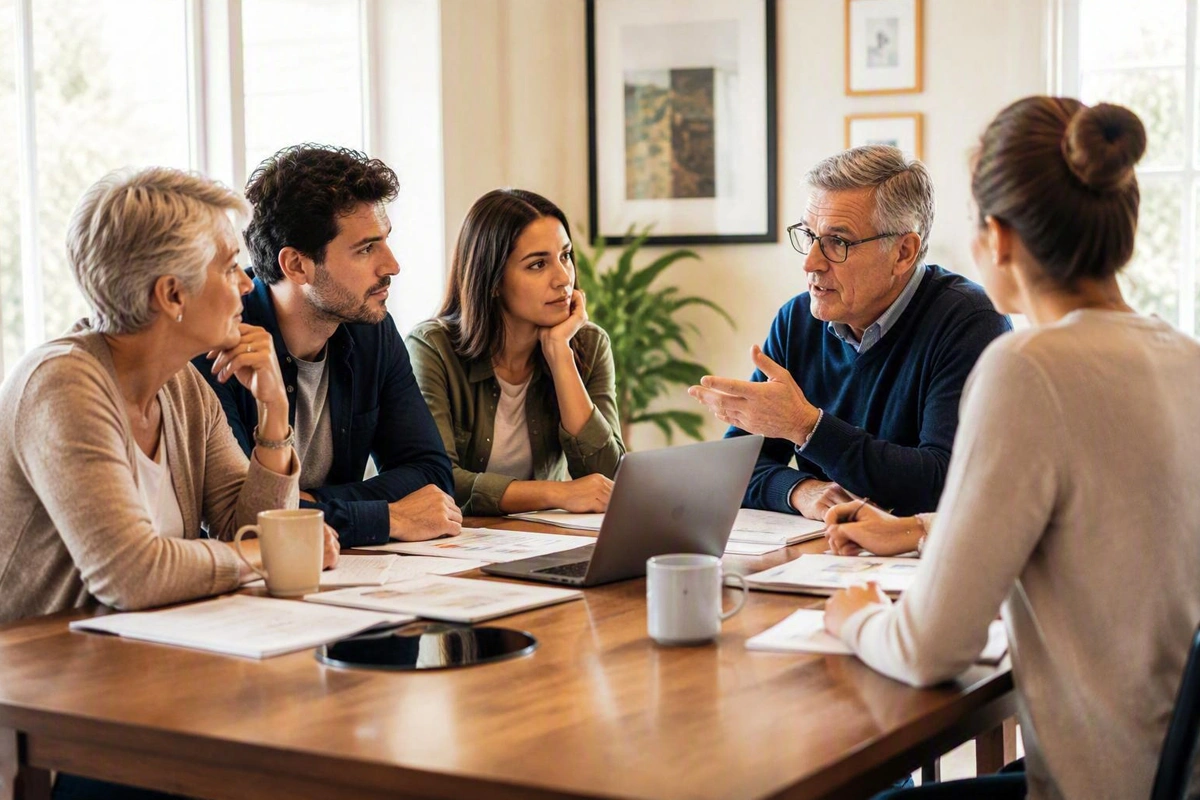 Parents and adult children having a family meeting around the kitchen table.