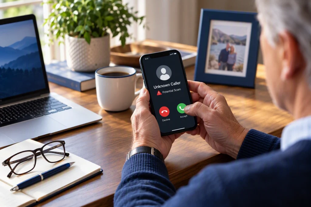 Senior holding a phone showing an unknown caller and a potential scam warning.