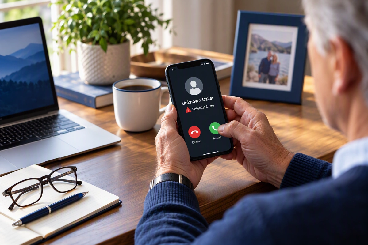Senior holding a cell phone showing an unknown caller and a potential scam warning message.